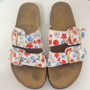 White Mountain Helga Floral Leather Garden Girl Sandals Slides Gold Buckle  9